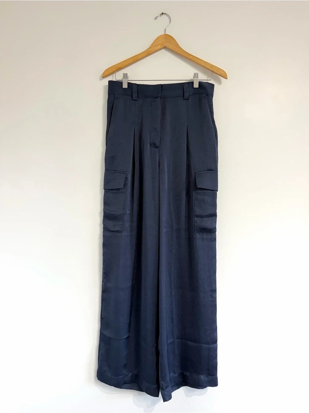 Ba&sh Cary Wide-Leg Navy Cargo Dress Pants slinky fabric